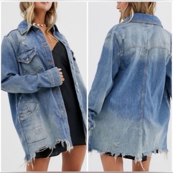 Free People - Moonchild Distressed Denim Long Shirt Jacket XS - Picture 2 of 15